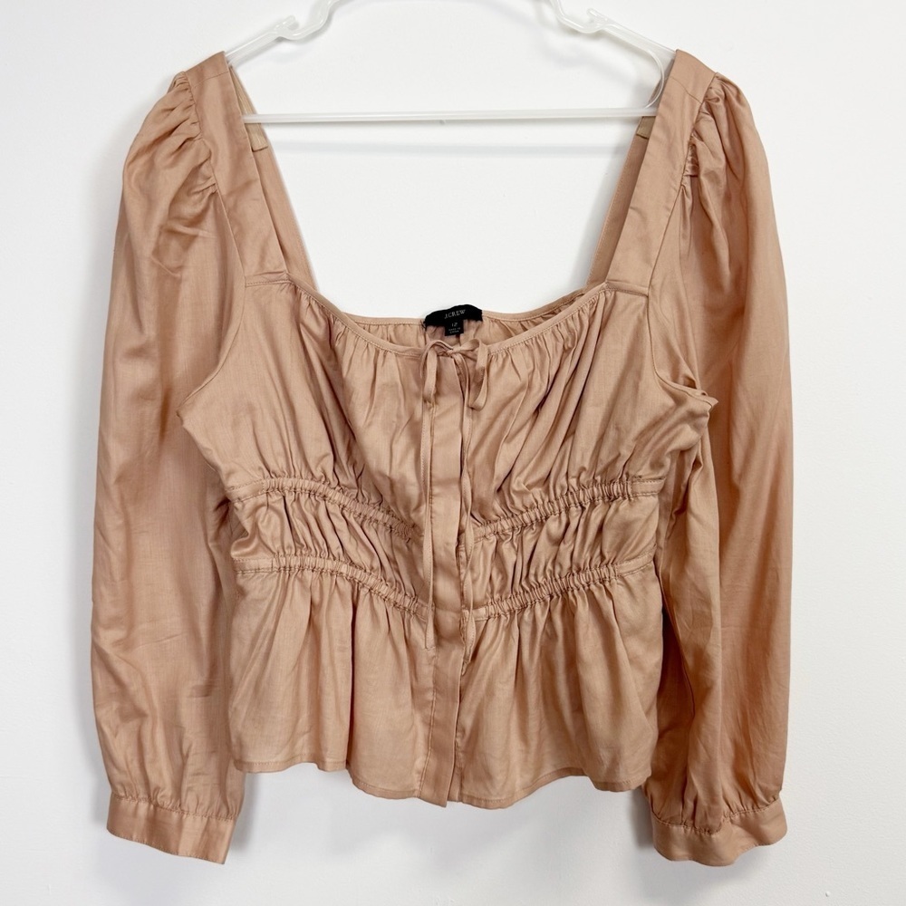 J Crew Shirt Women 12 Pink Long Sleeve Peasant Top Ruched Cotton Reimagined Boho